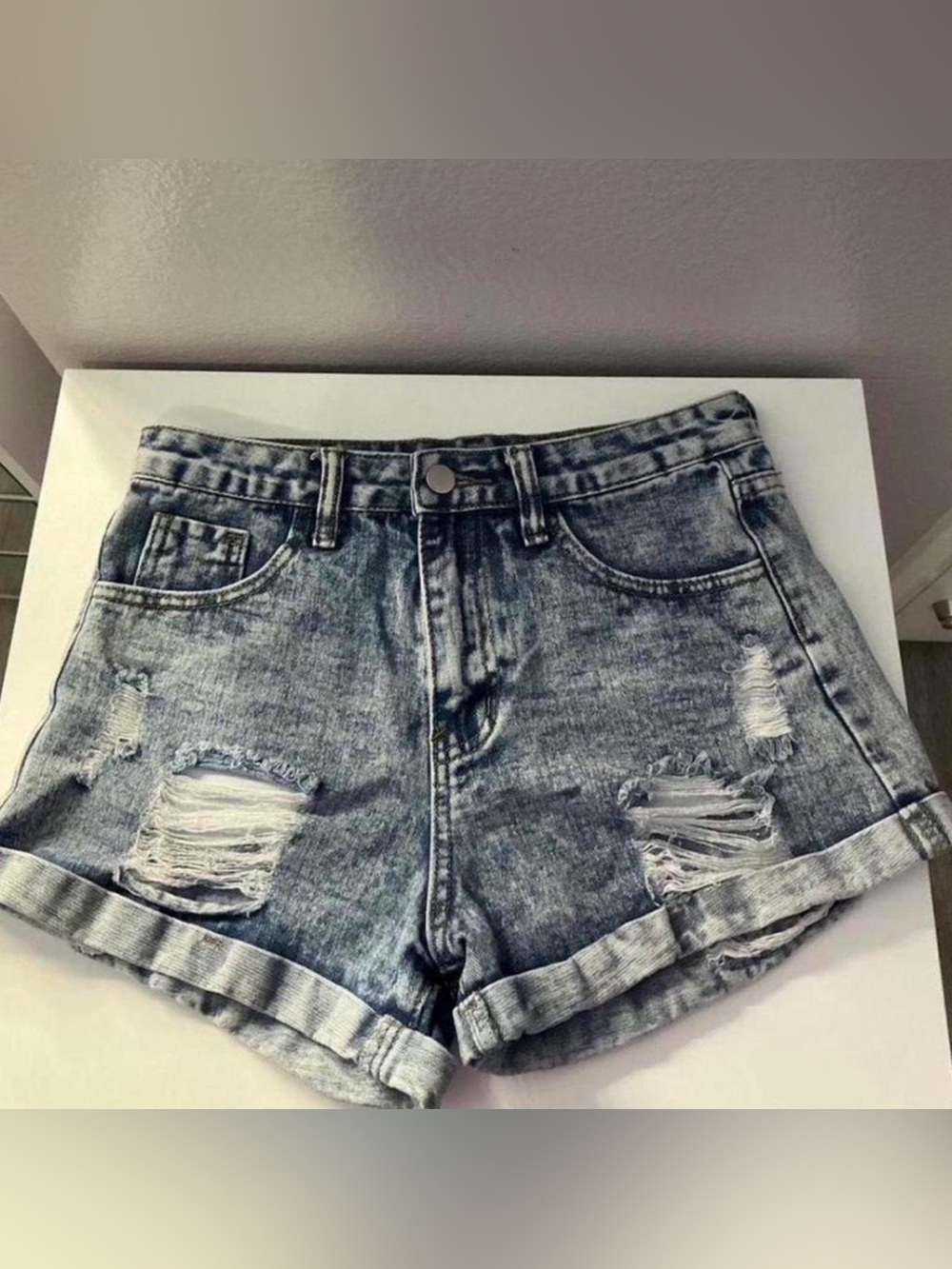 SHEIN Light Wash Distressed Rolled-Hem Denim Shorts